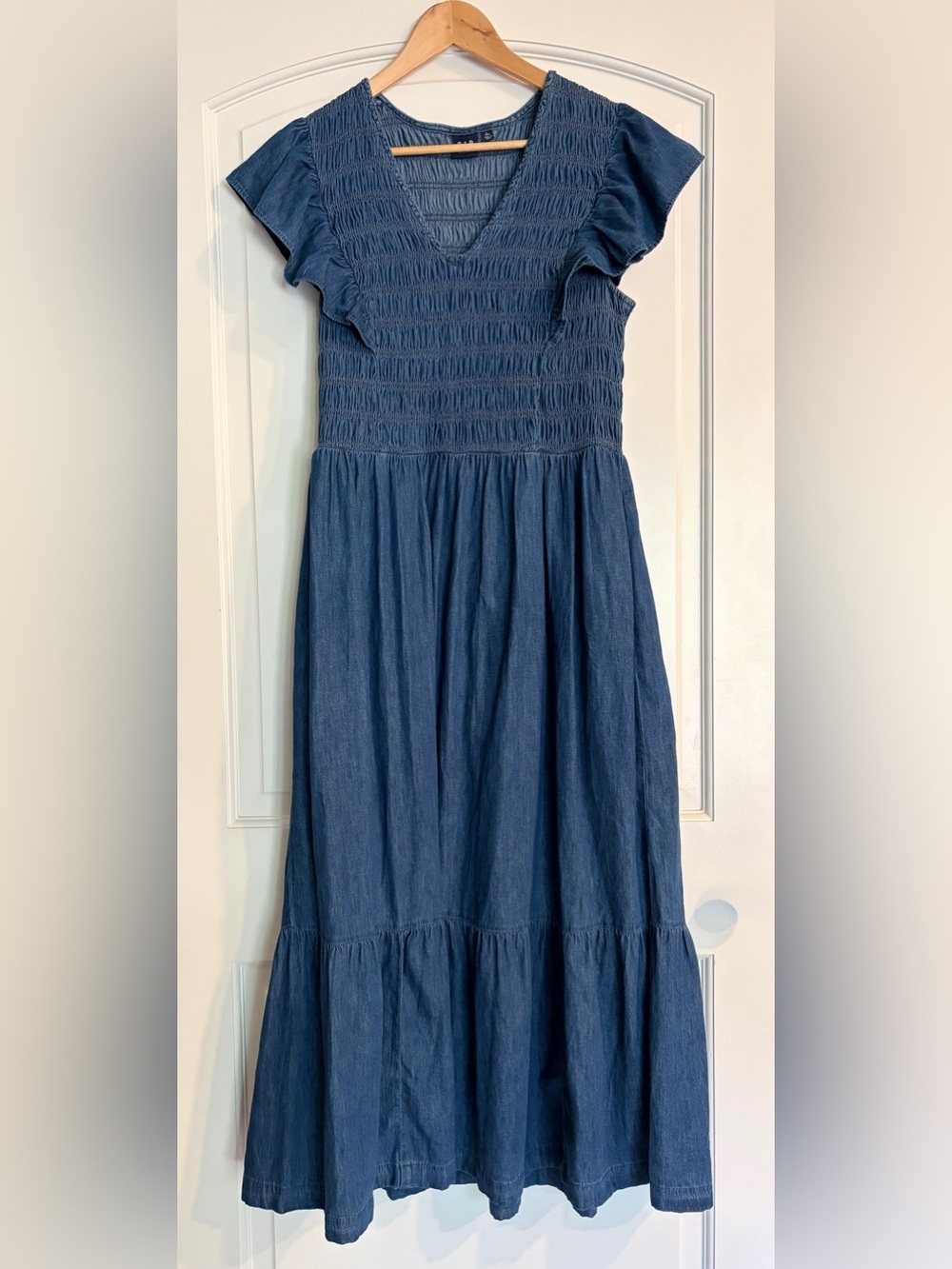 Gap 100% Organic Cotton Denim Ruffle Sleeve Smocked Midi Maxi Dress Tall L